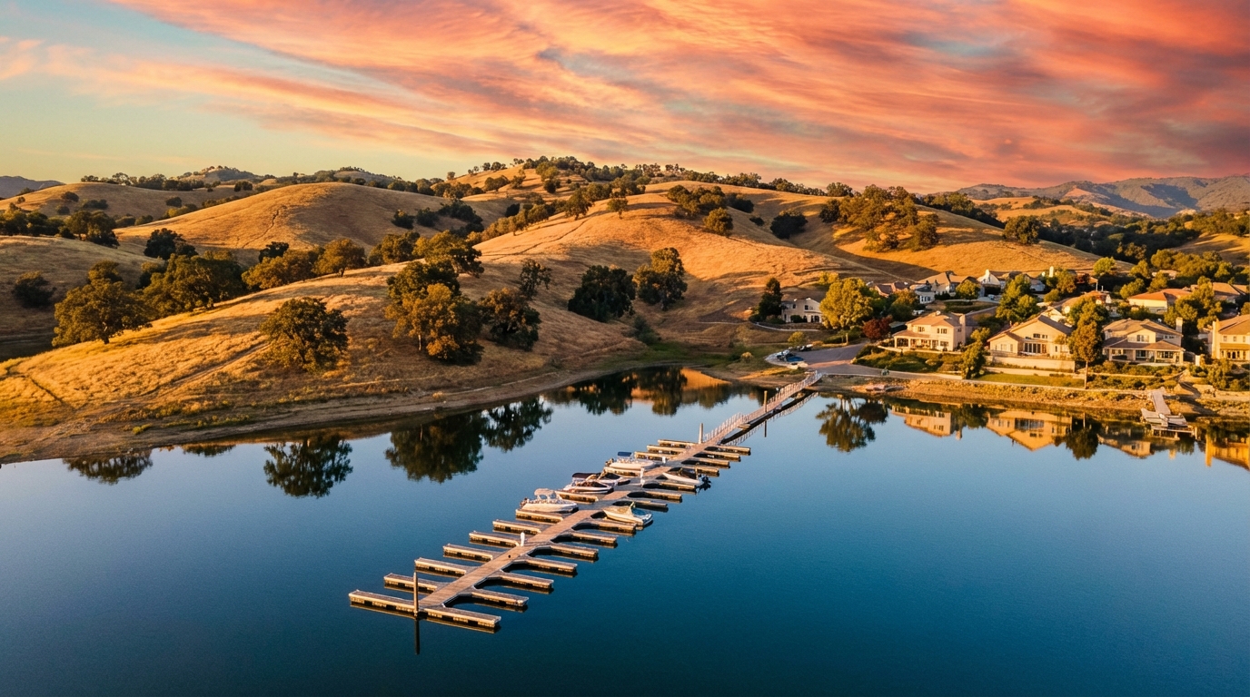 Aerial view of Oak Shores lakefront community at Lake Nacimiento